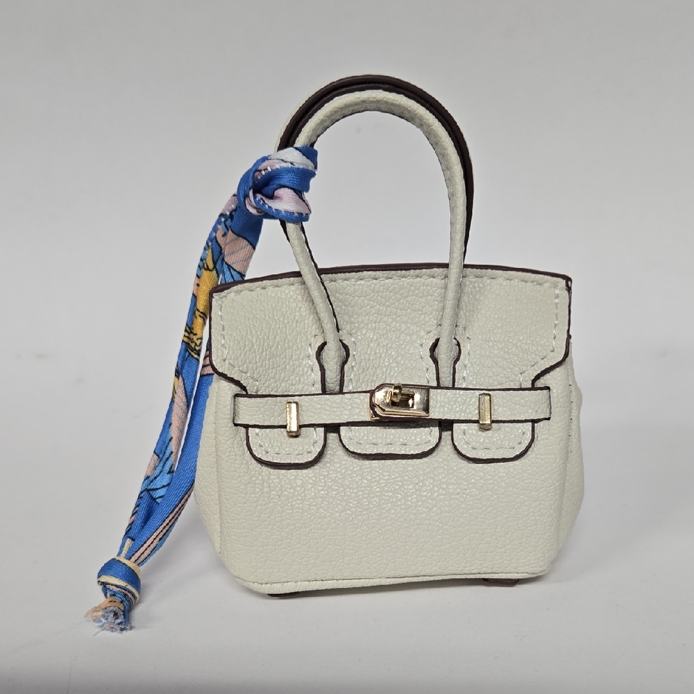 Off-White Mini Satchel Handbag with Blue Scarf Accent Bag Charm 3"x4.25"x1.5"